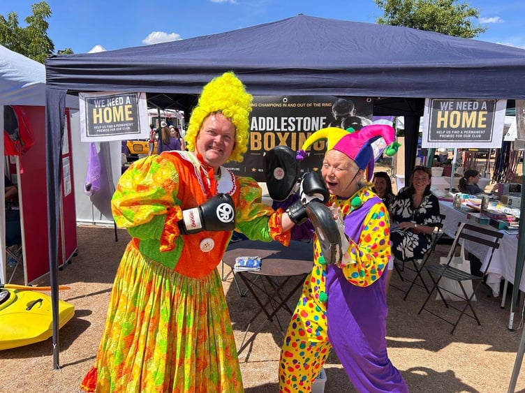 Members of RATS Addlestone drama group dressed in full panto costume while promoting their upcoming production of Aladdin at Runnymede Live in Victory Park, Addlestone.