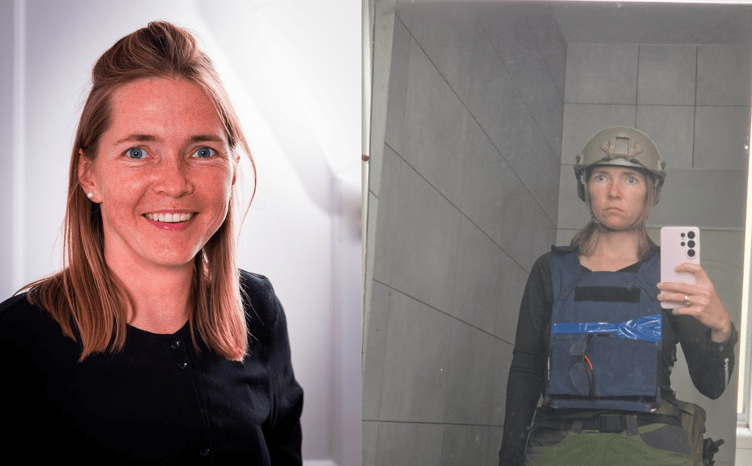 Natalia Sharomova pictured at home in Britain, left, and wearing protective equipment while reporting in Ukraine.