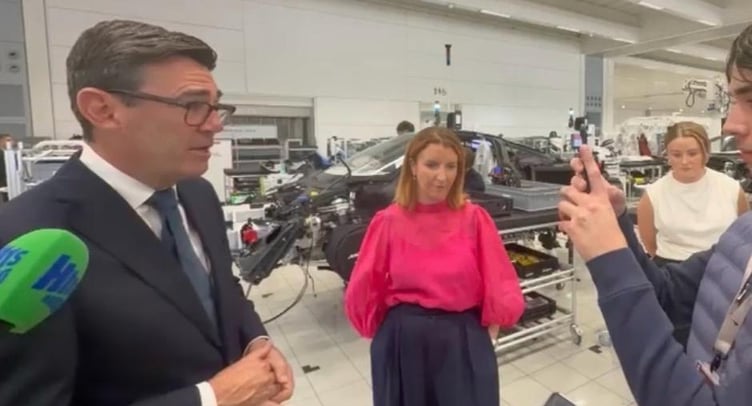 Prime Minister Andy Burnham being interviewed during a visit to McLaren's HQ in Woking.