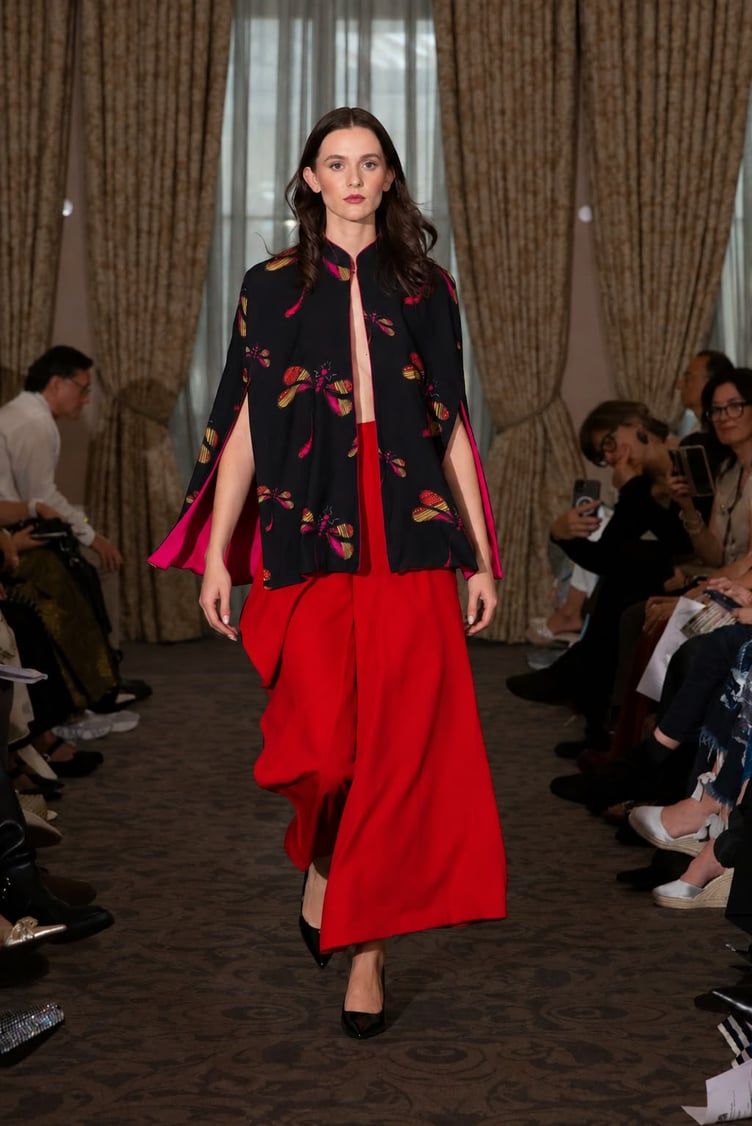 Dragon Fly Cape with Red Trousers)— Dragonfly is a symbol of freedom, boldness, colour and light.