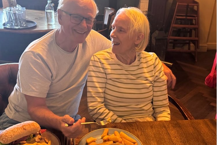 Neil and Christine having pub lunch after Alice Holt bike ride.