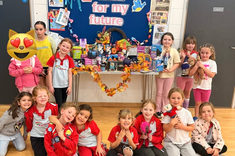 Rainbows with their feline harvest festival donations